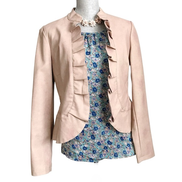 INC International Concepts Blush Pink Faux Leather Ruffle Blazer Jacket Medium